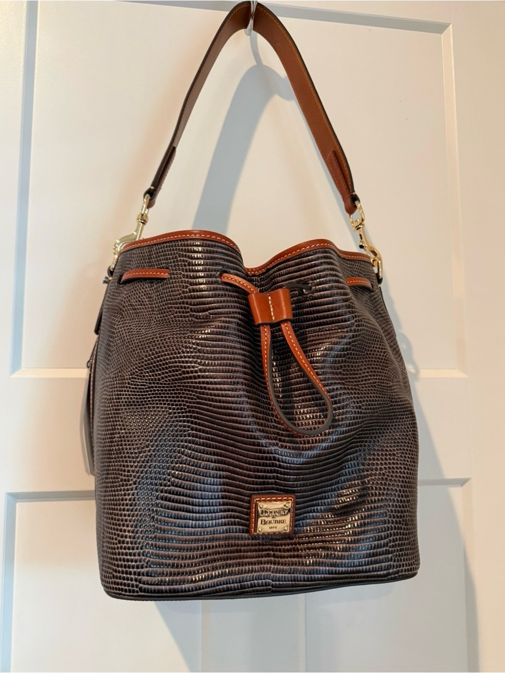 Dooney & Bourke Brown Lizard-Embossed Bucket Bag with Tan Trim